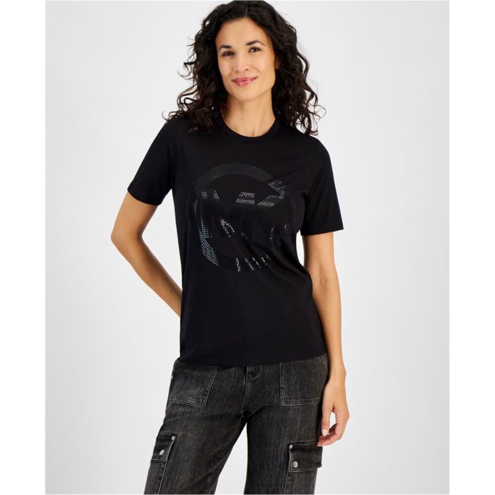 Michael Kors Womens Foil Logo Embellished T-Shirt, Black, L, DM
